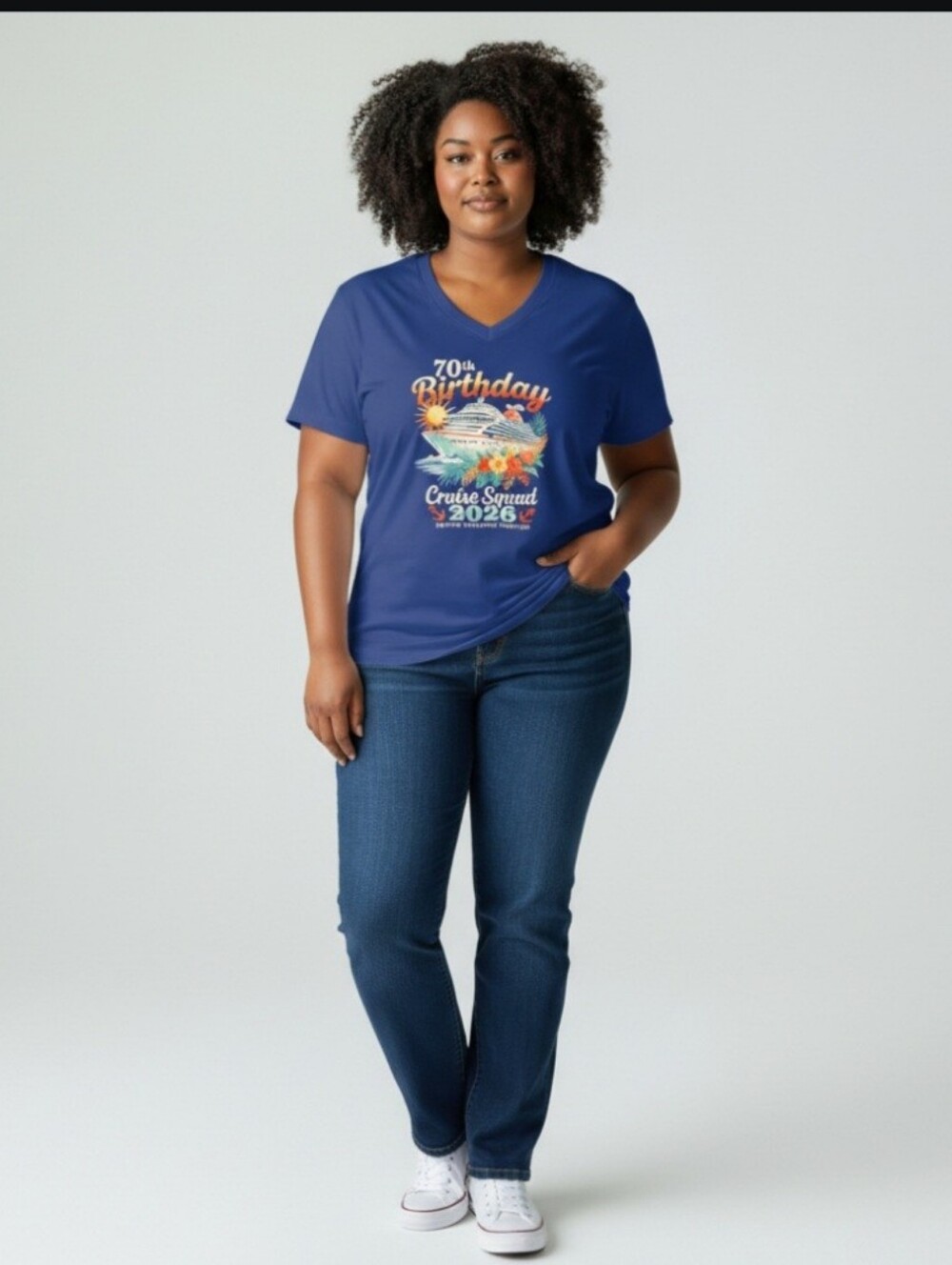 🌞Ideal T- Blue V-Neck Swim Coverup Tee - 70th Birthday Cruise Graphic